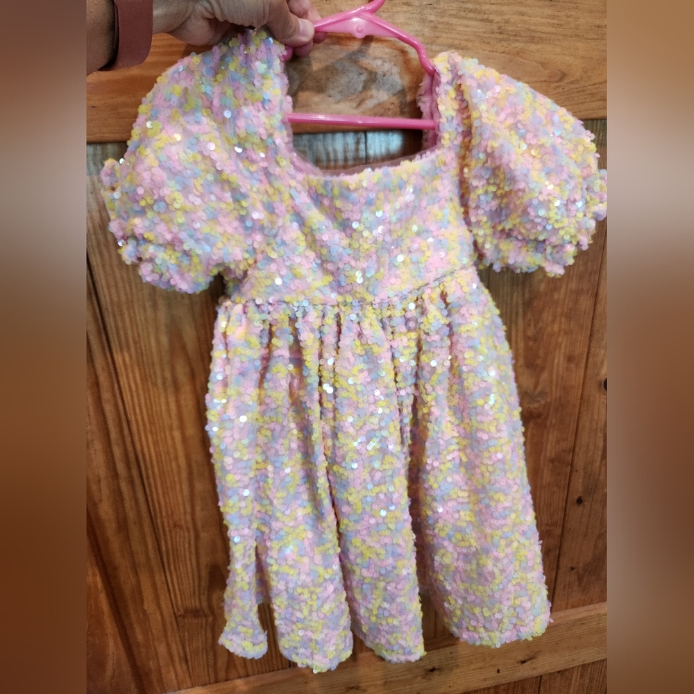 Pastel Sequin Puff Sleeve Dress